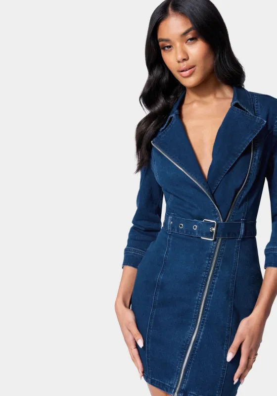 Asymmetrical Front Zip Belted Denim Dress sold by Bebe