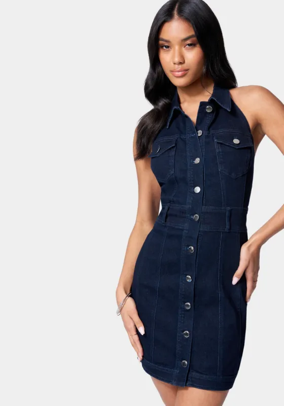 Halter Neck Button Up Denim Dress sold by Bebe