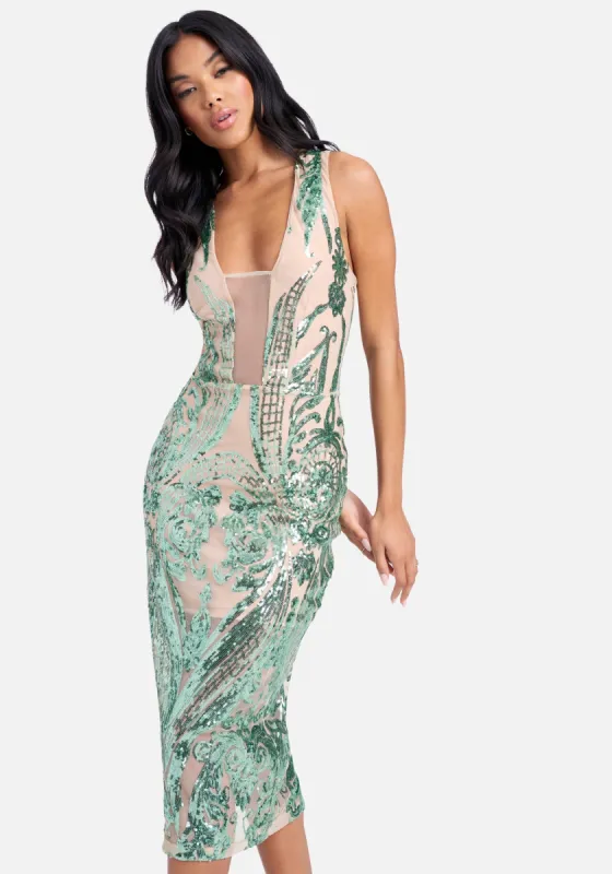 Illusion Sparkle Mesh Sequin Dress sold by Bebe