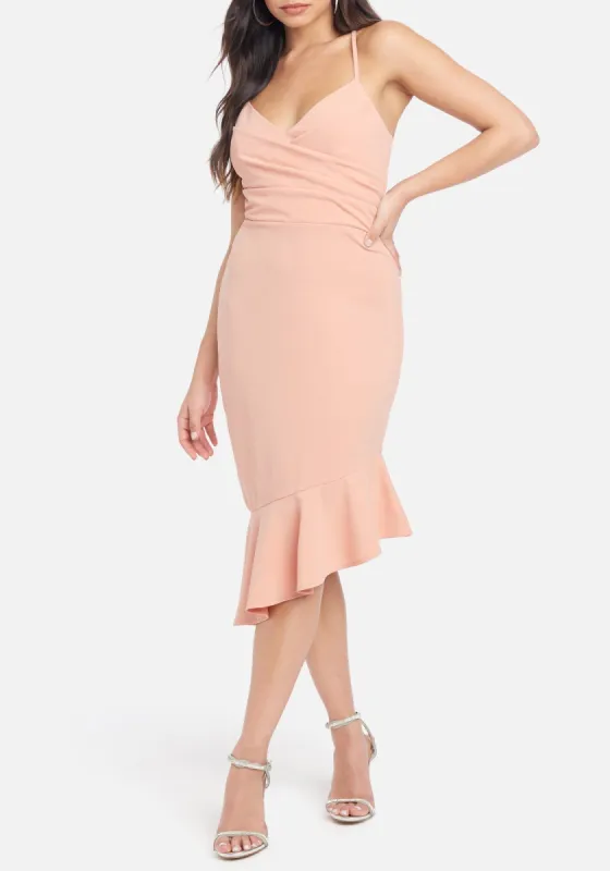 Angled Flounce Midi Dress sold by Bebe