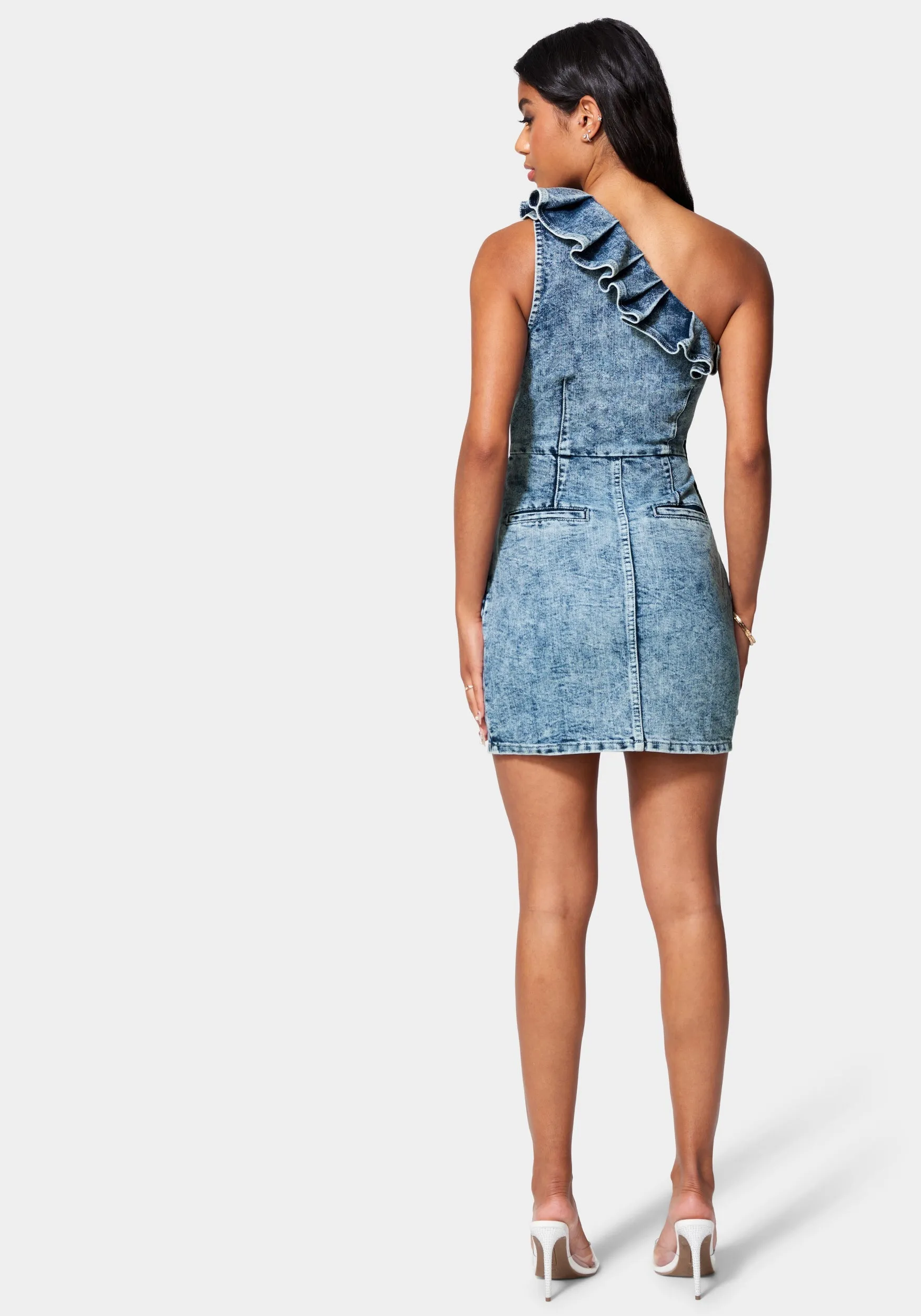 Ruffle Detail Lurex Denim Dress sold by Bebe product image thumbnail 3