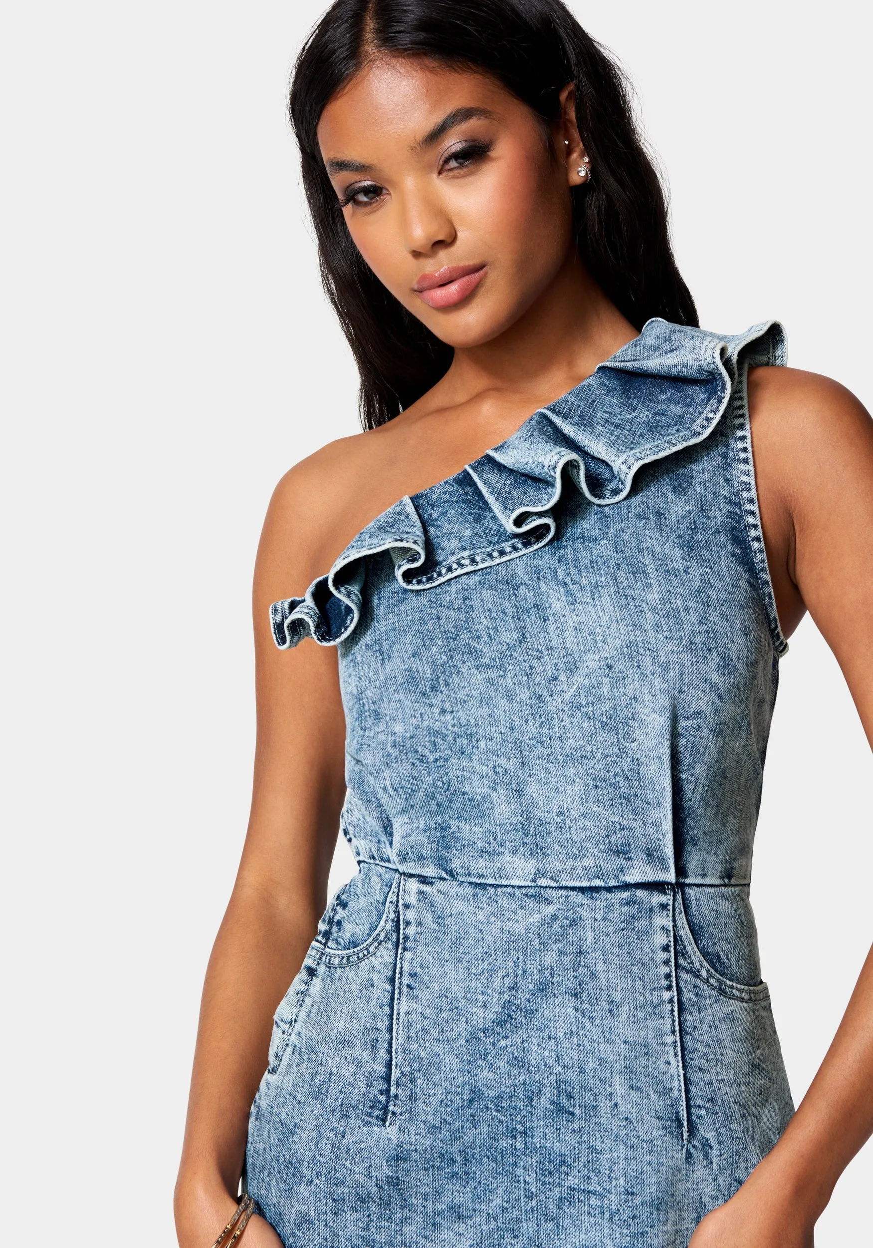 Ruffle Detail Lurex Denim Dress sold by Bebe product image thumbnail 4