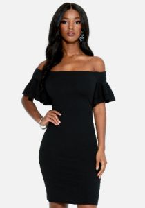 Off Shoulder Flutter Sleeve Dress sold by Bebe