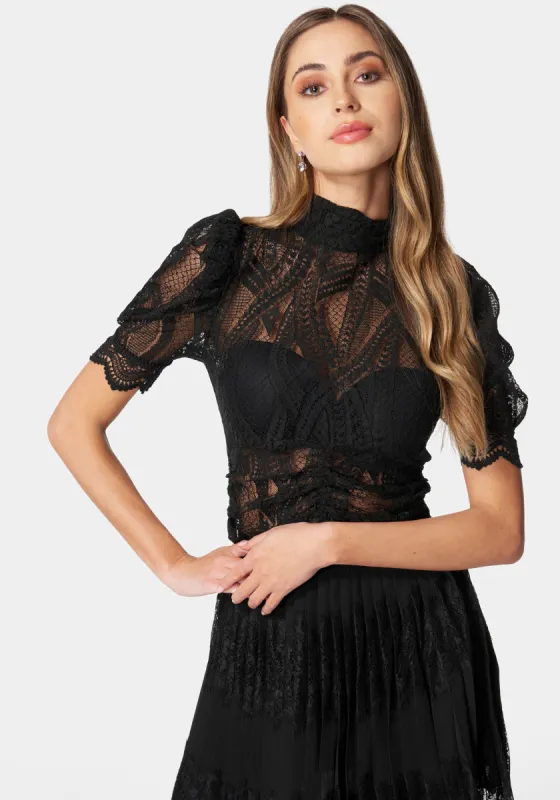 Puff Sleeve Ruched Waist Lace Top sold by Bebe