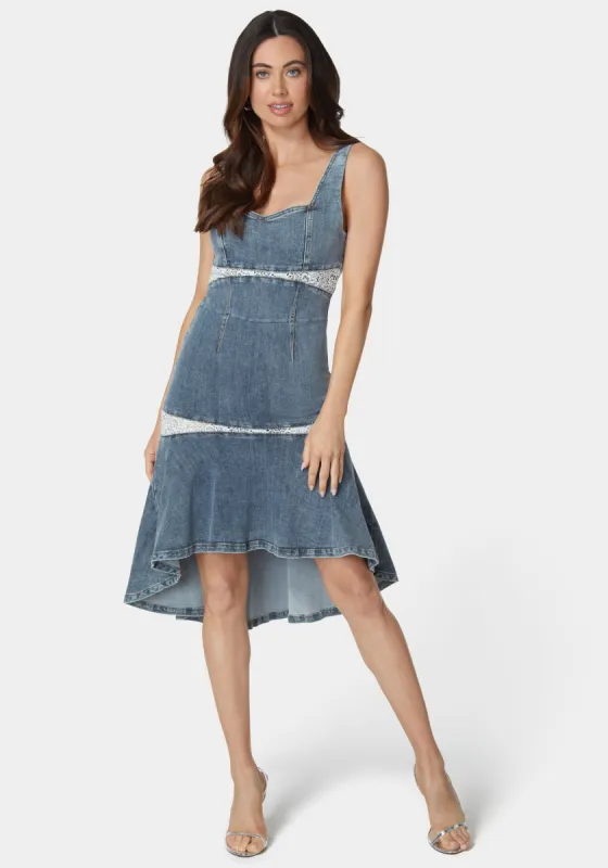 Lace Insert High Low Denim Dress sold by Bebe