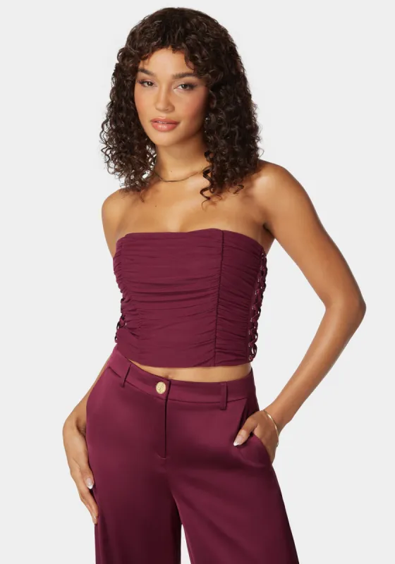 Rushed Mesh Combo Satin Corset sold by Bebe
