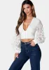 Balloon Sleeve Button Front Eyelet Blouse sold by Bebe