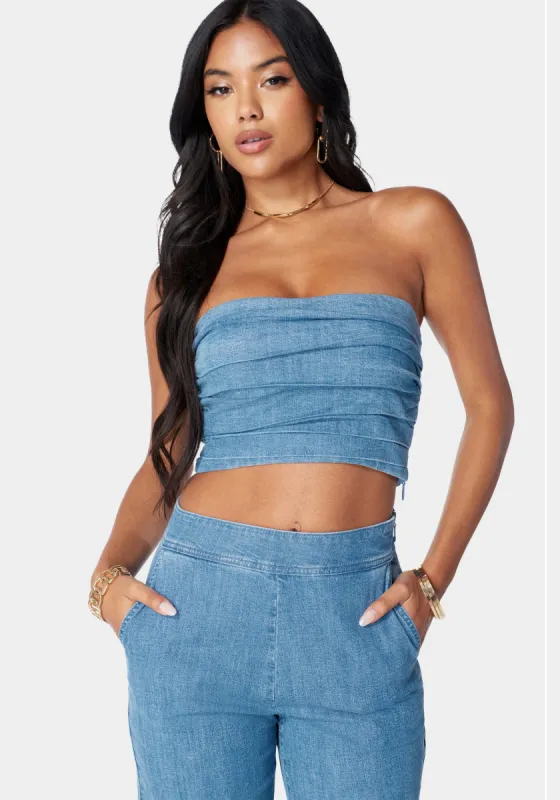 Pleated Bandeau Denim Top sold by Bebe