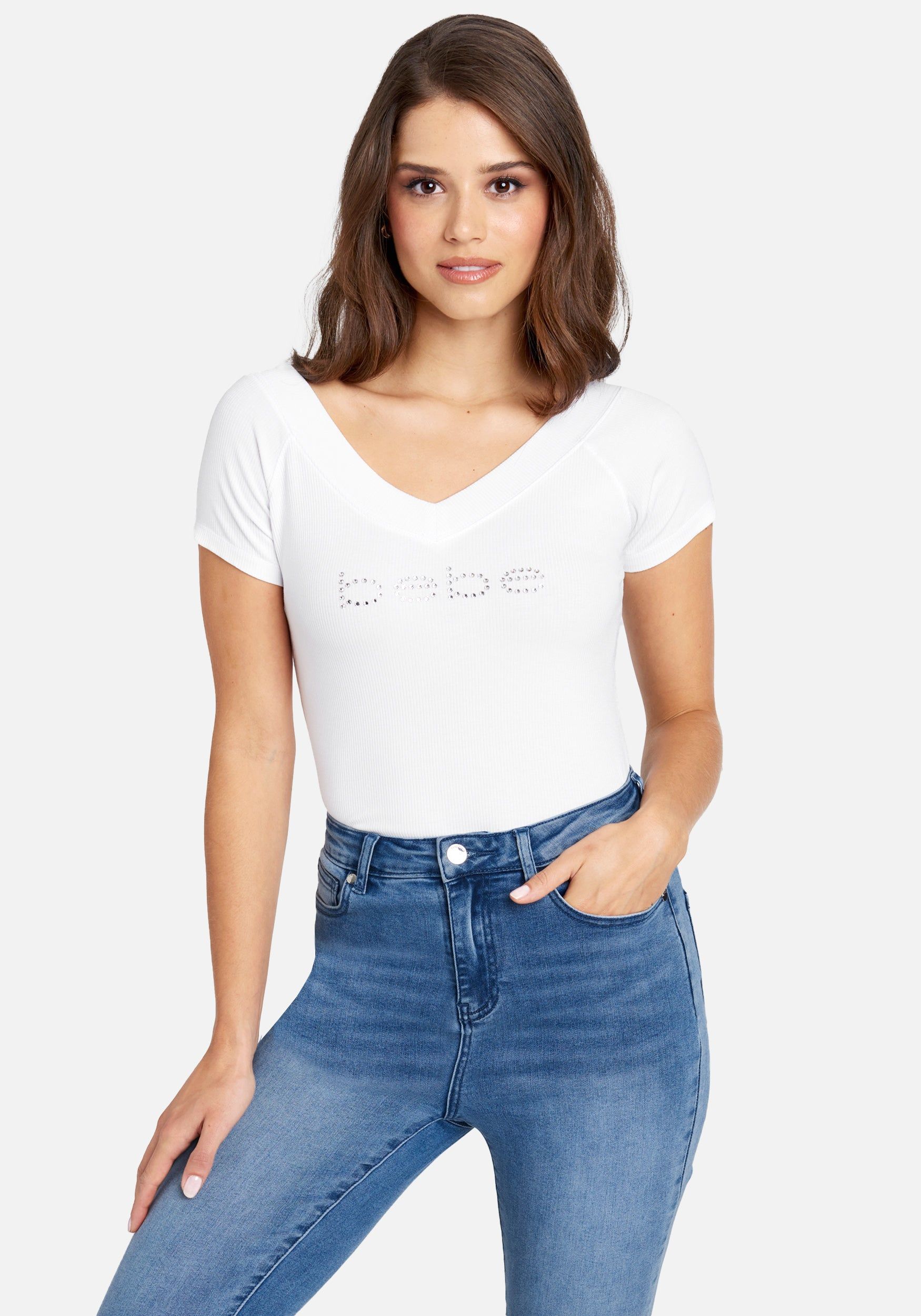 Crystal Logo Double V-Neck Short Sleeve Tee sold by Bebe