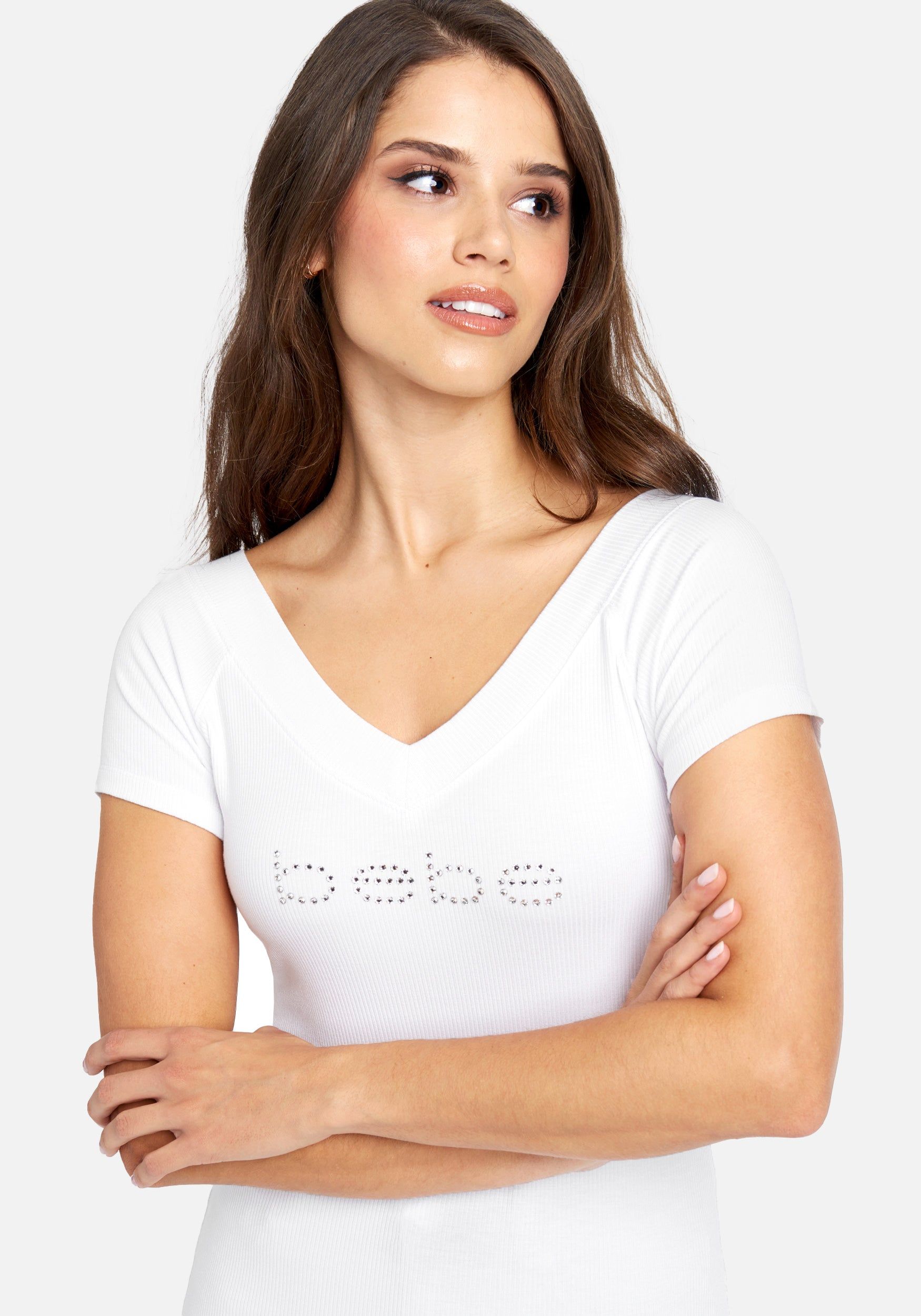 Crystal Logo Double V-Neck Short Sleeve Tee sold by Bebe product image thumbnail 4