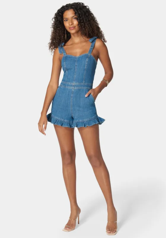 Tie Strap Ruffle Detail Denim Romper sold by Bebe