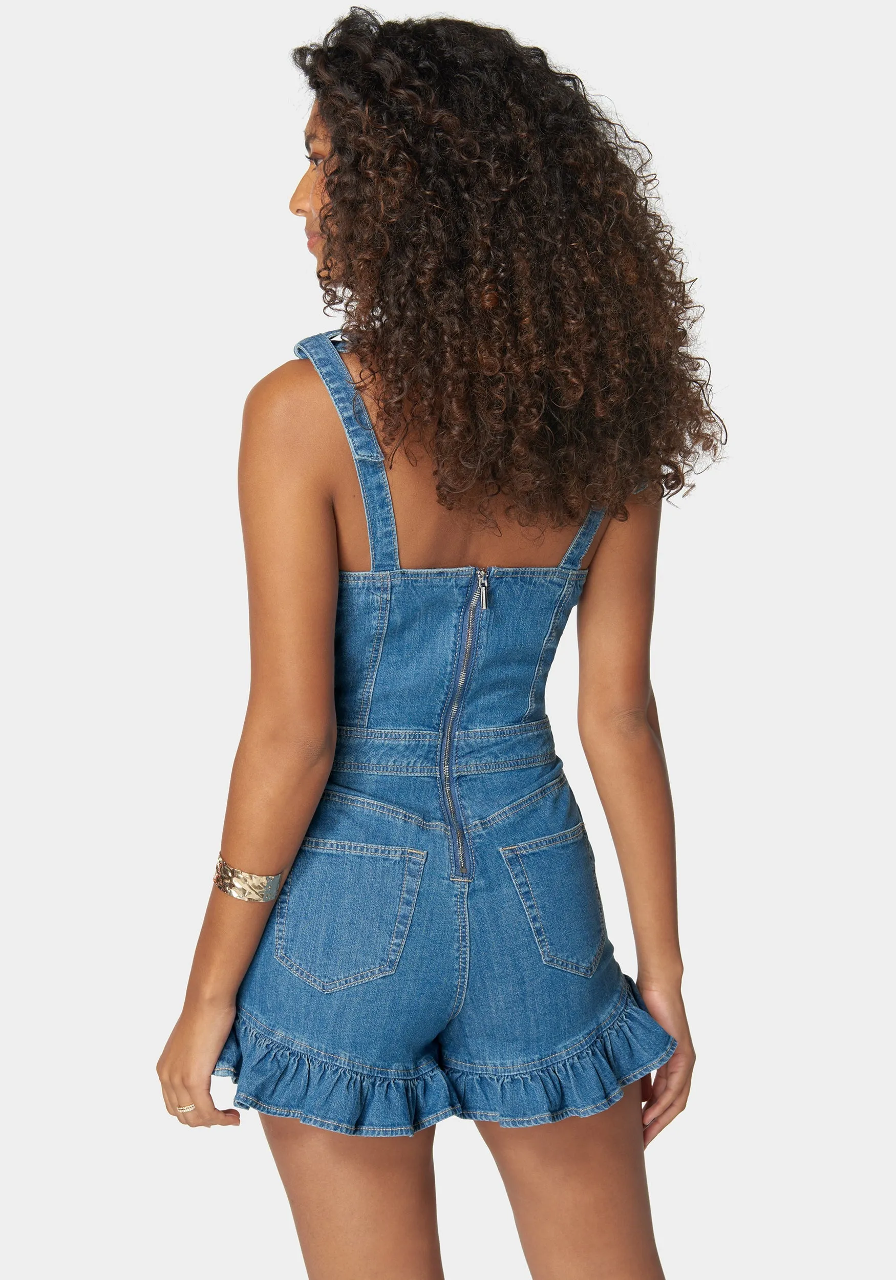 Tie Strap Ruffle Detail Denim Romper sold by Bebe product image thumbnail 3