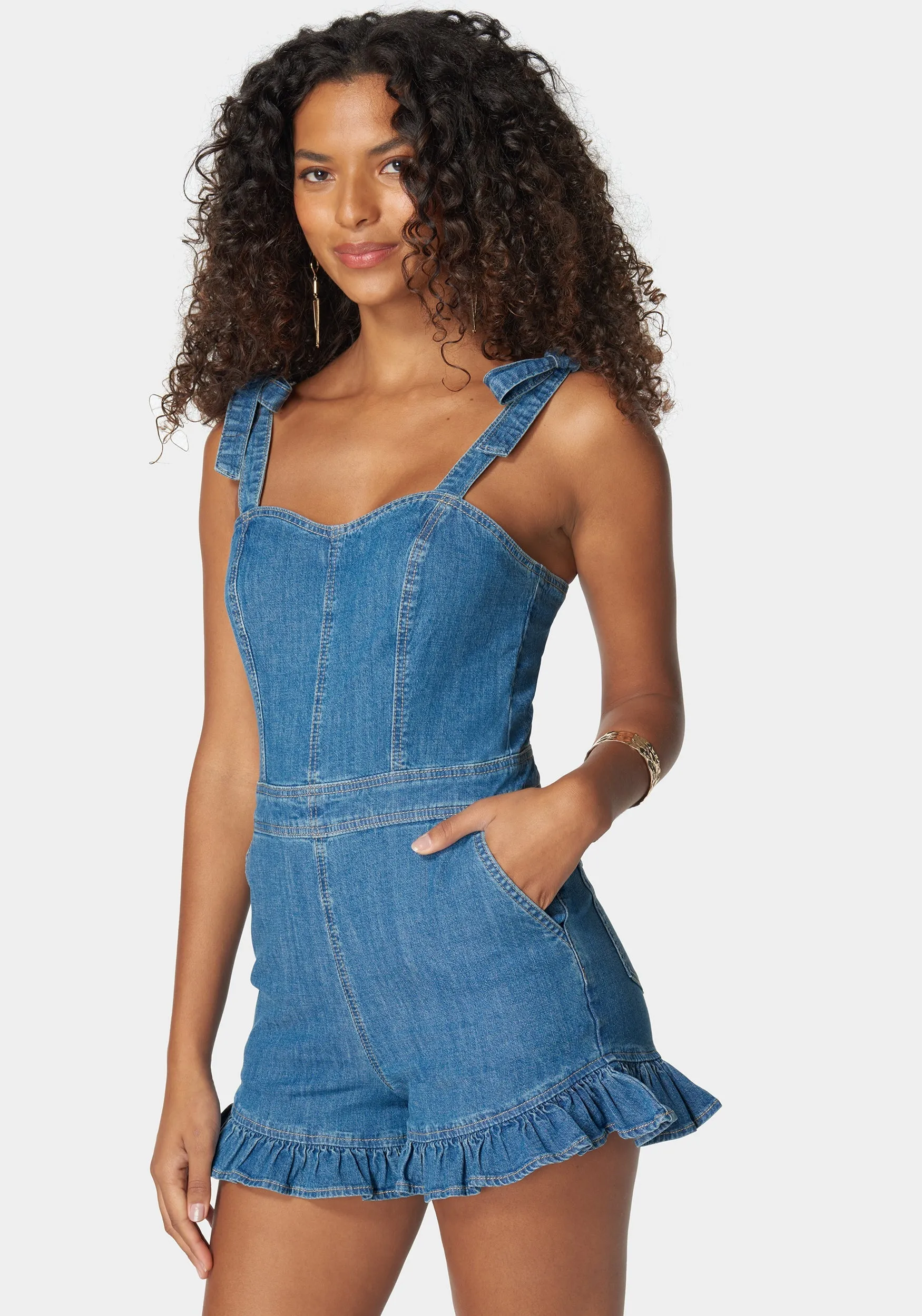 Tie Strap Ruffle Detail Denim Romper sold by Bebe product image thumbnail 2