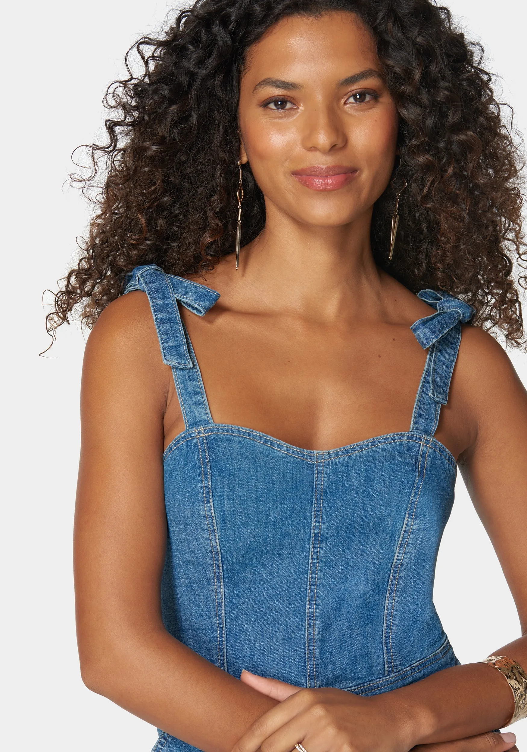 Tie Strap Ruffle Detail Denim Romper sold by Bebe product image thumbnail 4