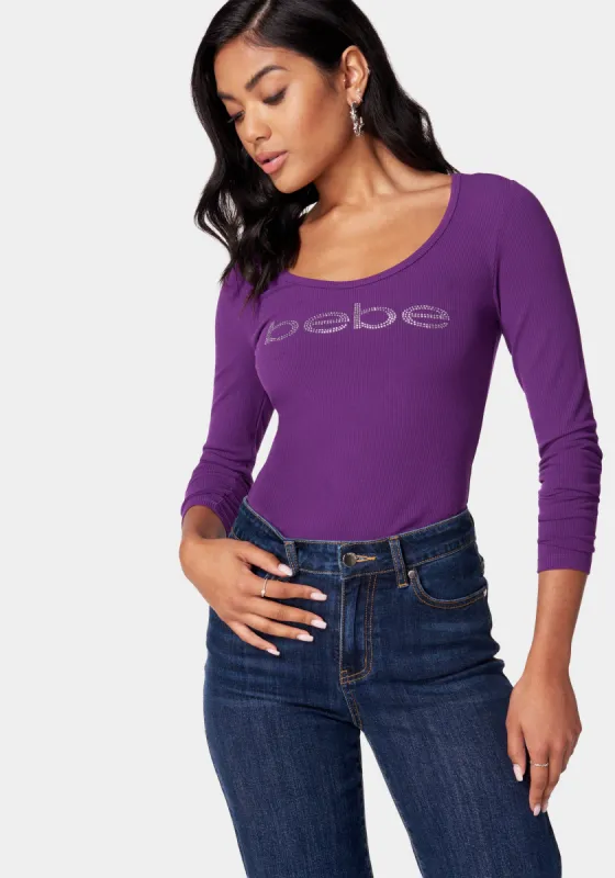 Long Sleeve Scoop Neck Bebe Logo Rib Top sold by Bebe