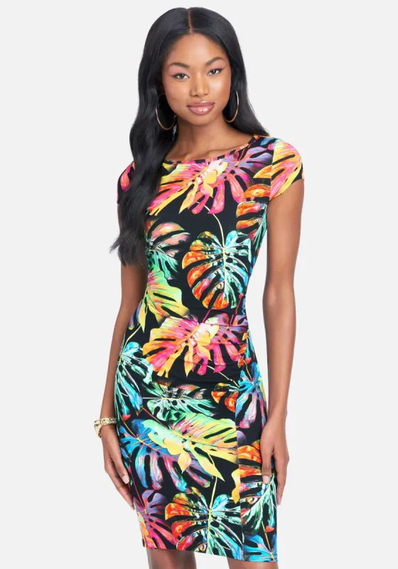 Neon Tropic Print Slit Dress sold by Bebe