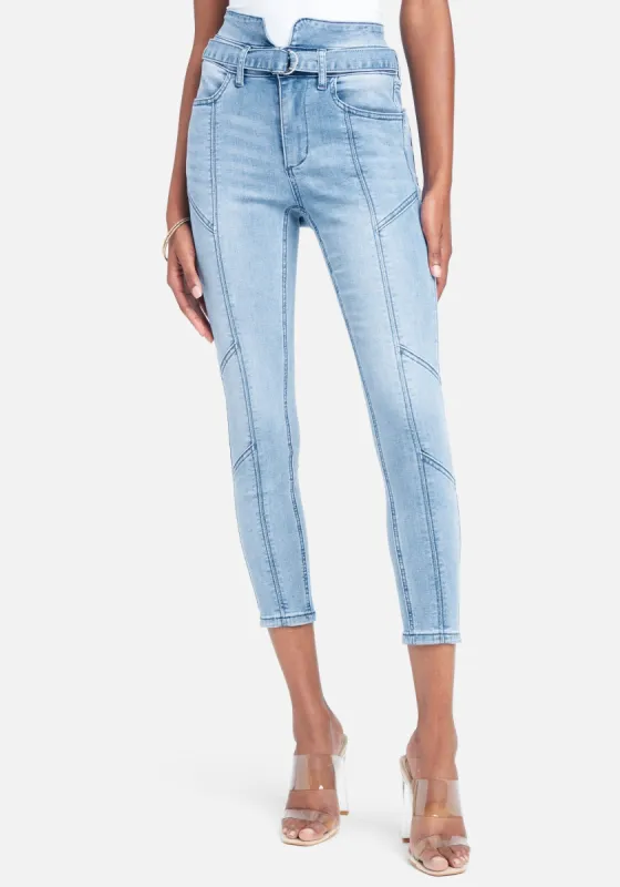 High Waist Belted Waist Skinny Jeans sold by Bebe