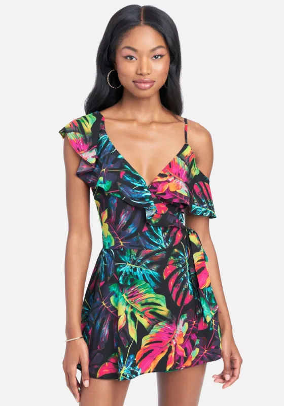 Neon Tropic Ruffle Wrap Romper sold by Bebe