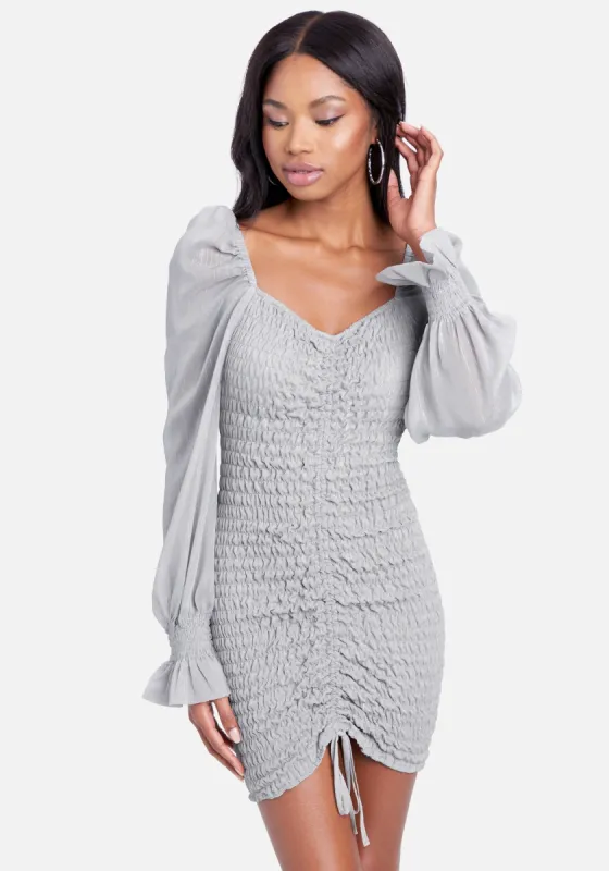 Puff Sleeve Smocked Chiffon Dress sold by Bebe