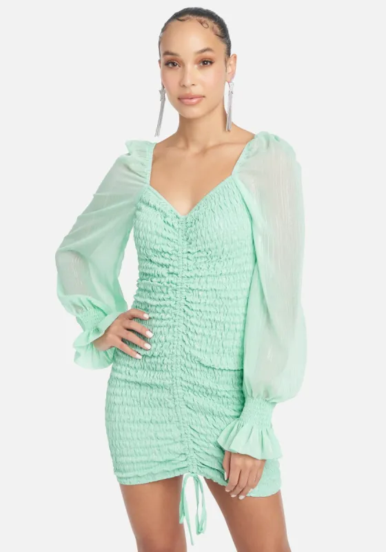 Puff Sleeve Smocked Chiffon Dress sold by Bebe