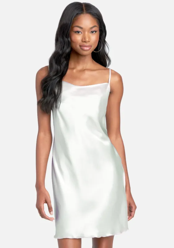 Satin Cowl Neck Slip Mini Dress sold by Bebe