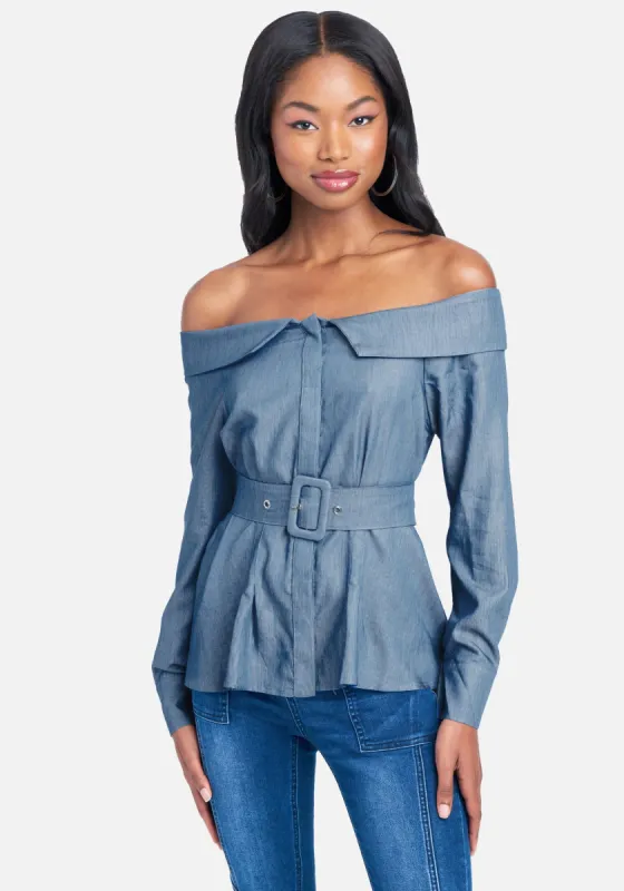 Belted Off The Shoulder Chambray Top sold by Bebe