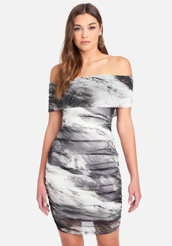 Off Shoulder Ruch Bodycon Mesh Marble sold by Bebe