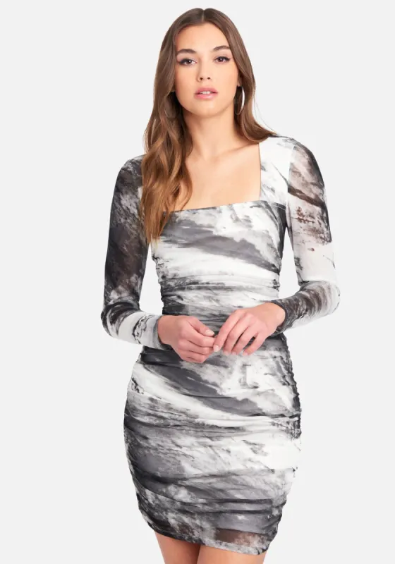 Square Neck Mesh Marble Mini Dress sold by Bebe