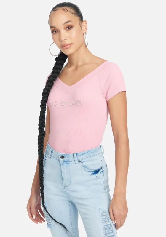 Crystal Logo Double V-Neck Short Sleeve Tee sold by Bebe