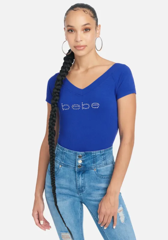 Crystal Logo Double V-Neck Short Sleeve Tee sold by Bebe