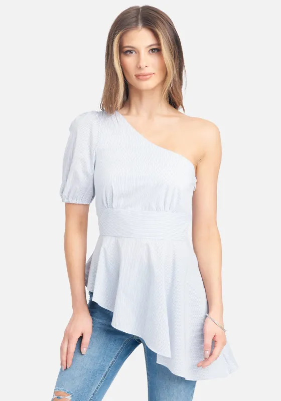 Striped One Shoulder Poplin Asymmetric Top sold by Bebe