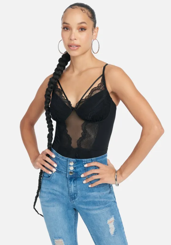 Stretch Lace And Mesh Bodysuit sold by Bebe