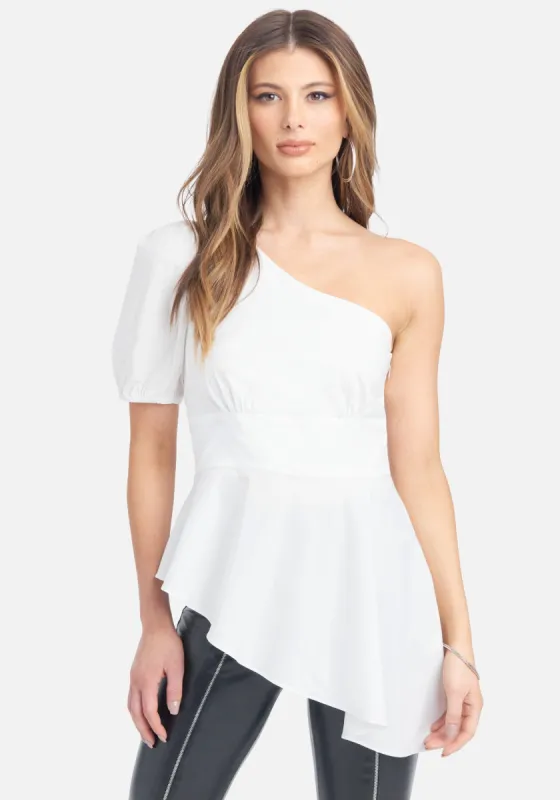 One Shoulder Poplin Asymmetric Top sold by Bebe
