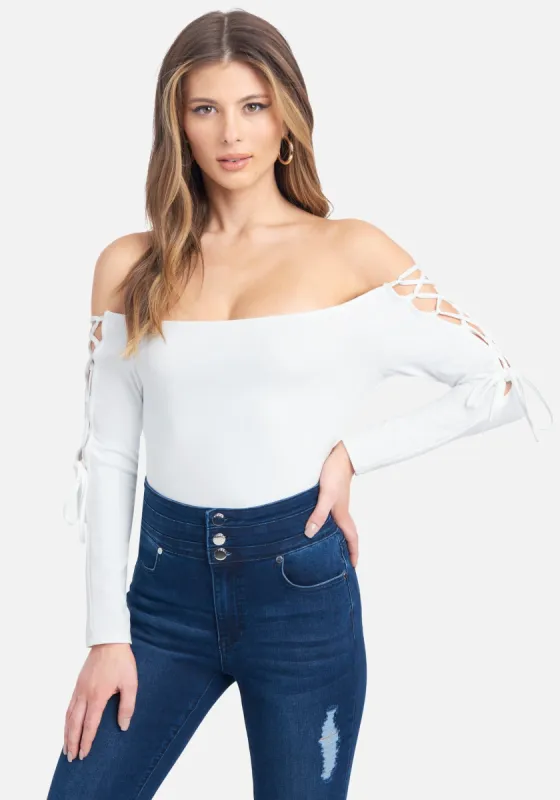 Off The Shoulder Lace Up Top sold by Bebe