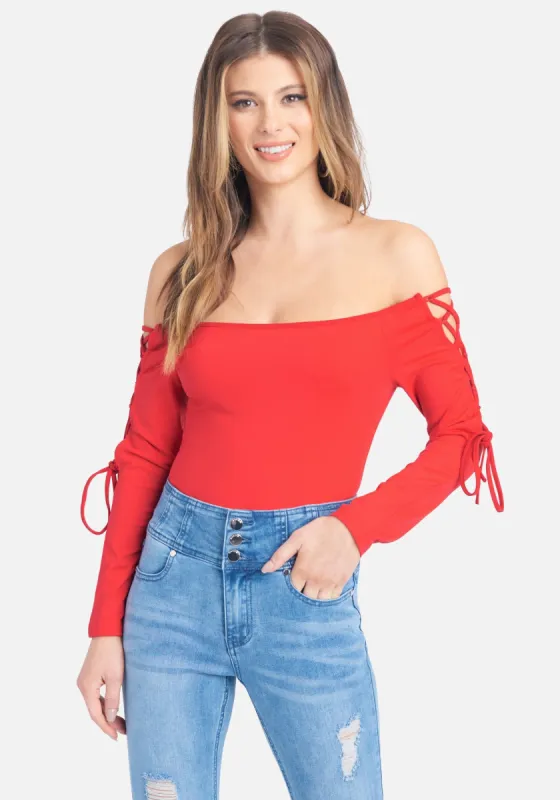 Off The Shoulder Lace Up Top sold by Bebe