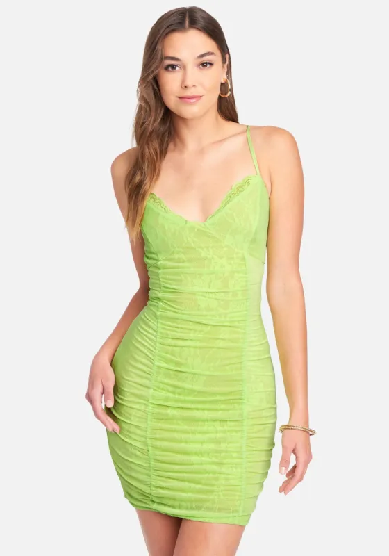 Ruched Lace And Mesh Dress sold by Bebe