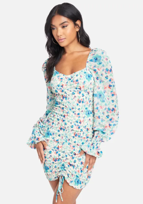 Puff Sleeve Smocked Printed Chiffon Dress sold by Bebe
