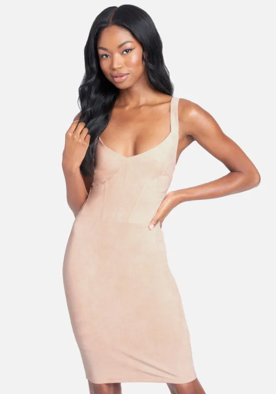 Corset Detail Suede Midi Dress sold by Bebe