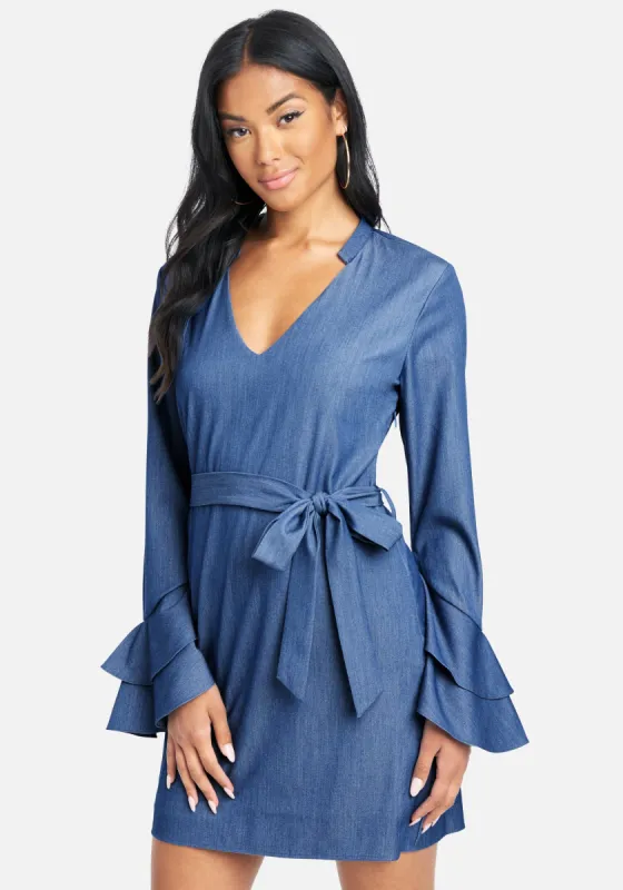 Tiered Ruffle Sleeve Chambray Dress sold by Bebe