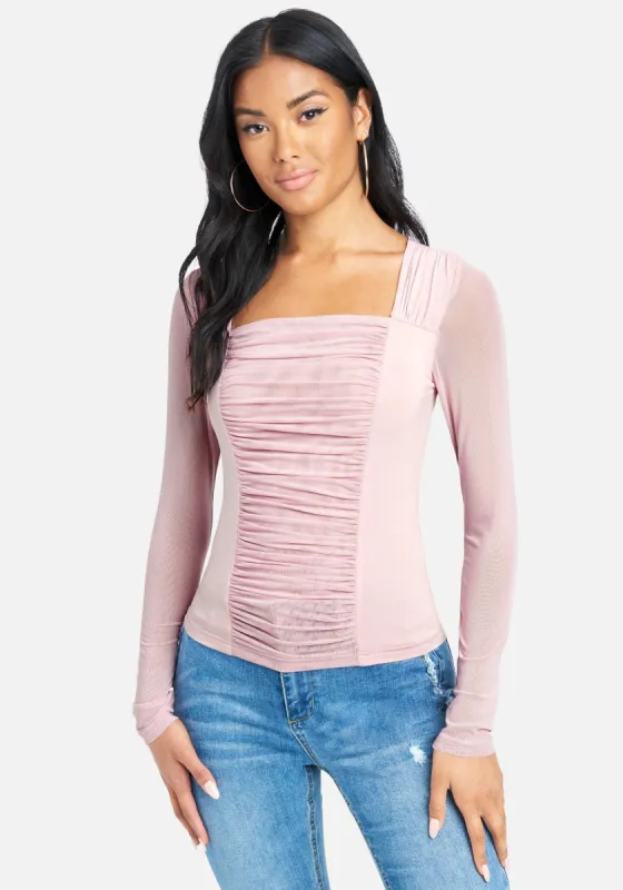 Ruched Front Stretch Mesh Top sold by Bebe