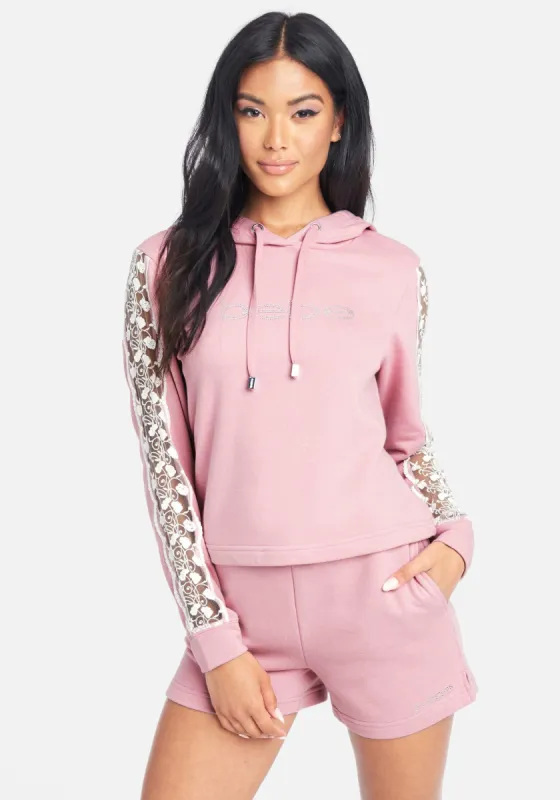 Bebe Logo French Terry & Lace Hoodie sold by Bebe