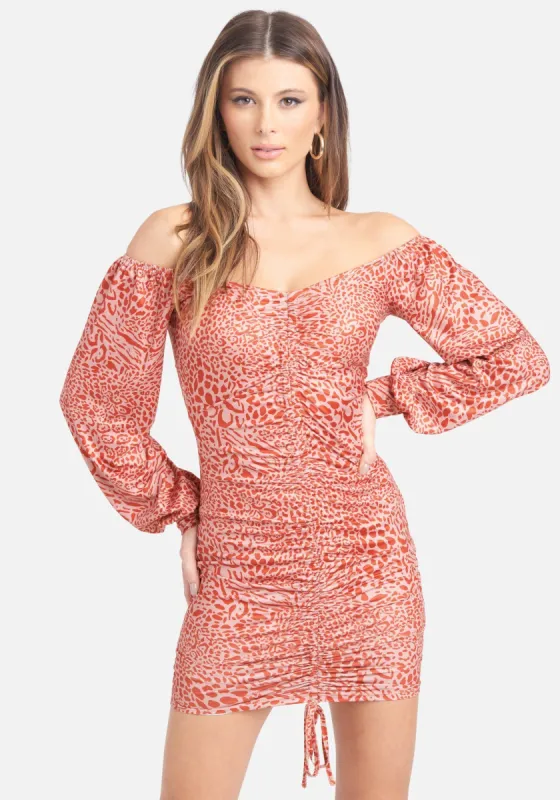 Printed Off Shoulder Ruched Front Mini Dress sold by Bebe