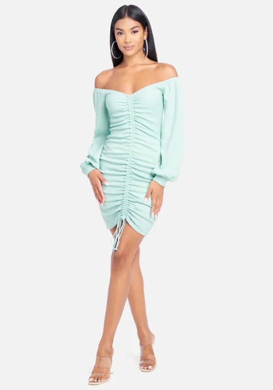 Off Shoulder Ruched Front Mini Dress sold by Bebe