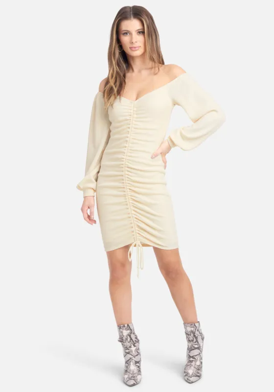 Off Shoulder Ruched Front Mini Dress sold by Bebe