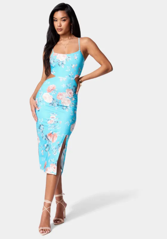 Printed Side Cutout Midi Slit Dress sold by Bebe