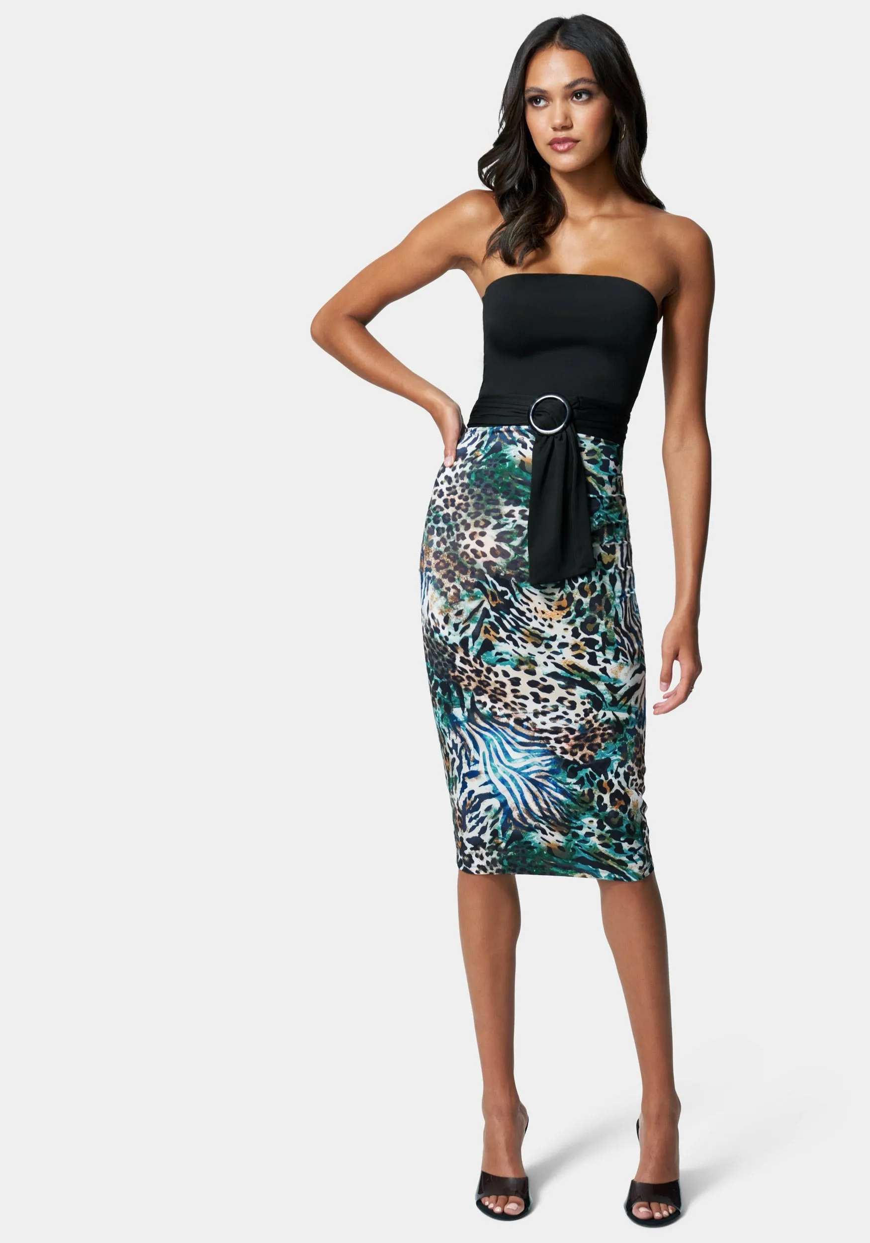 Belted Strapless Printed Midi sold by Bebe
