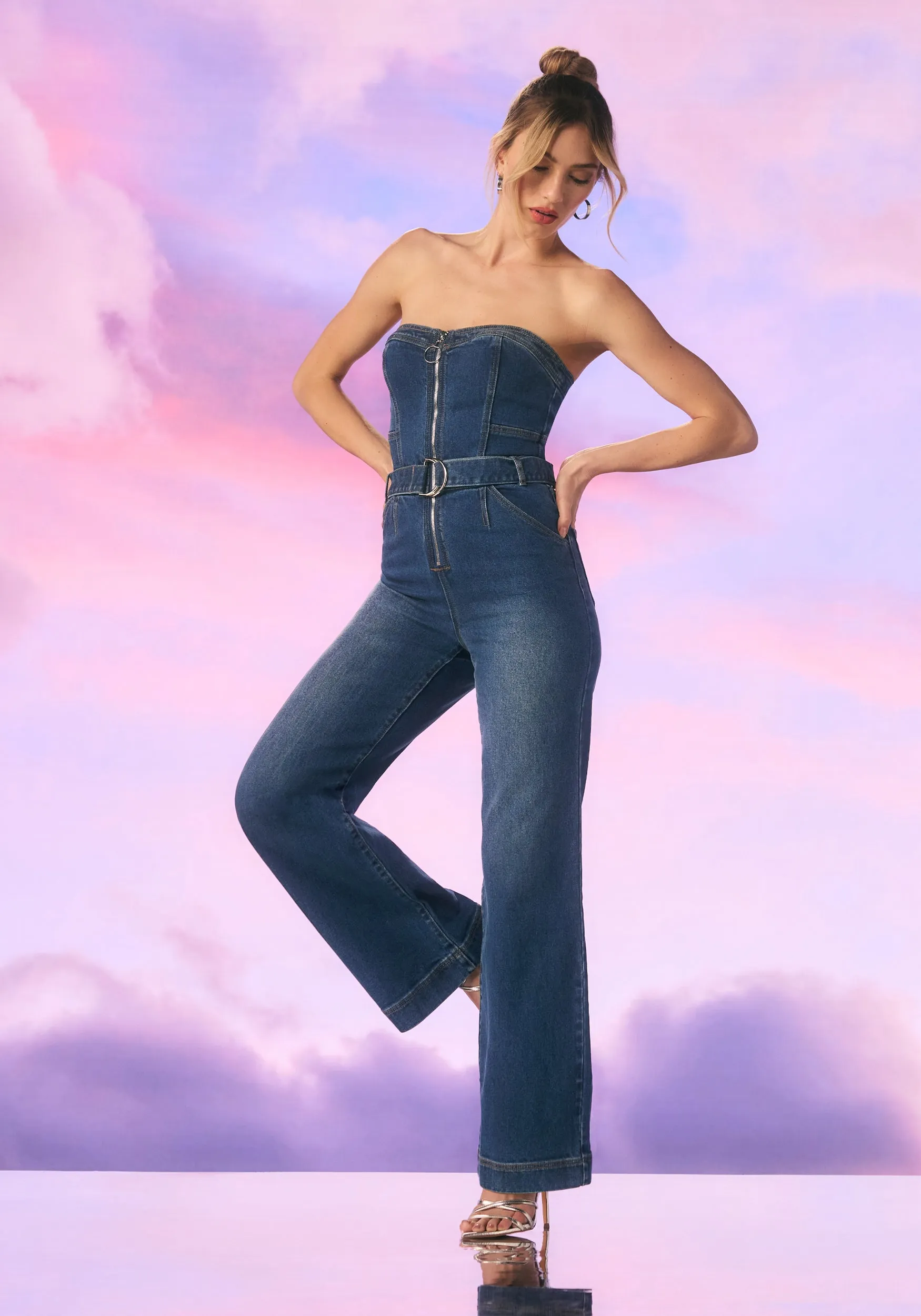 Front Zipper Wide Leg Denim Jumpsuit sold by Bebe