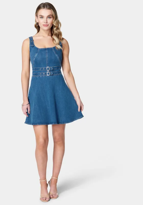 Belt Buckle Detail Fit & Flare Denim Dress sold by Bebe