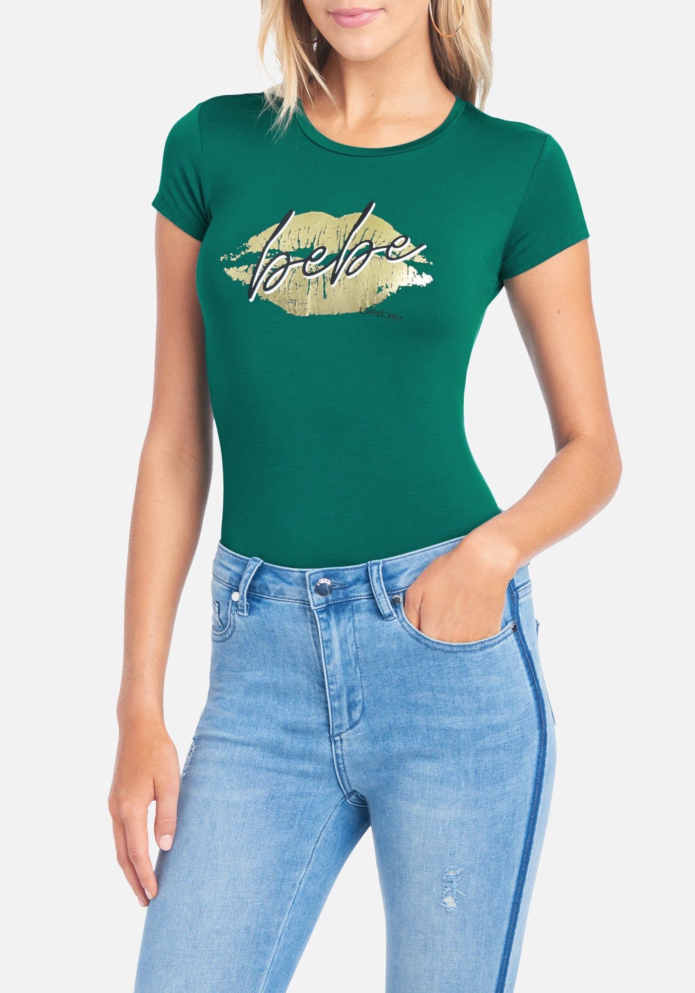 Bebe Logo Cursive Lip Tee sold by Bebe