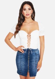 Lace Up Front Poplin Crop Top sold by Bebe